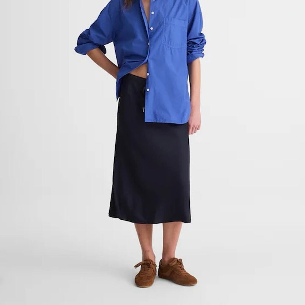 NWT Madewell Satin-Back Crepe Drawstring Midi Skirt In Classic Navy Blue Size 00